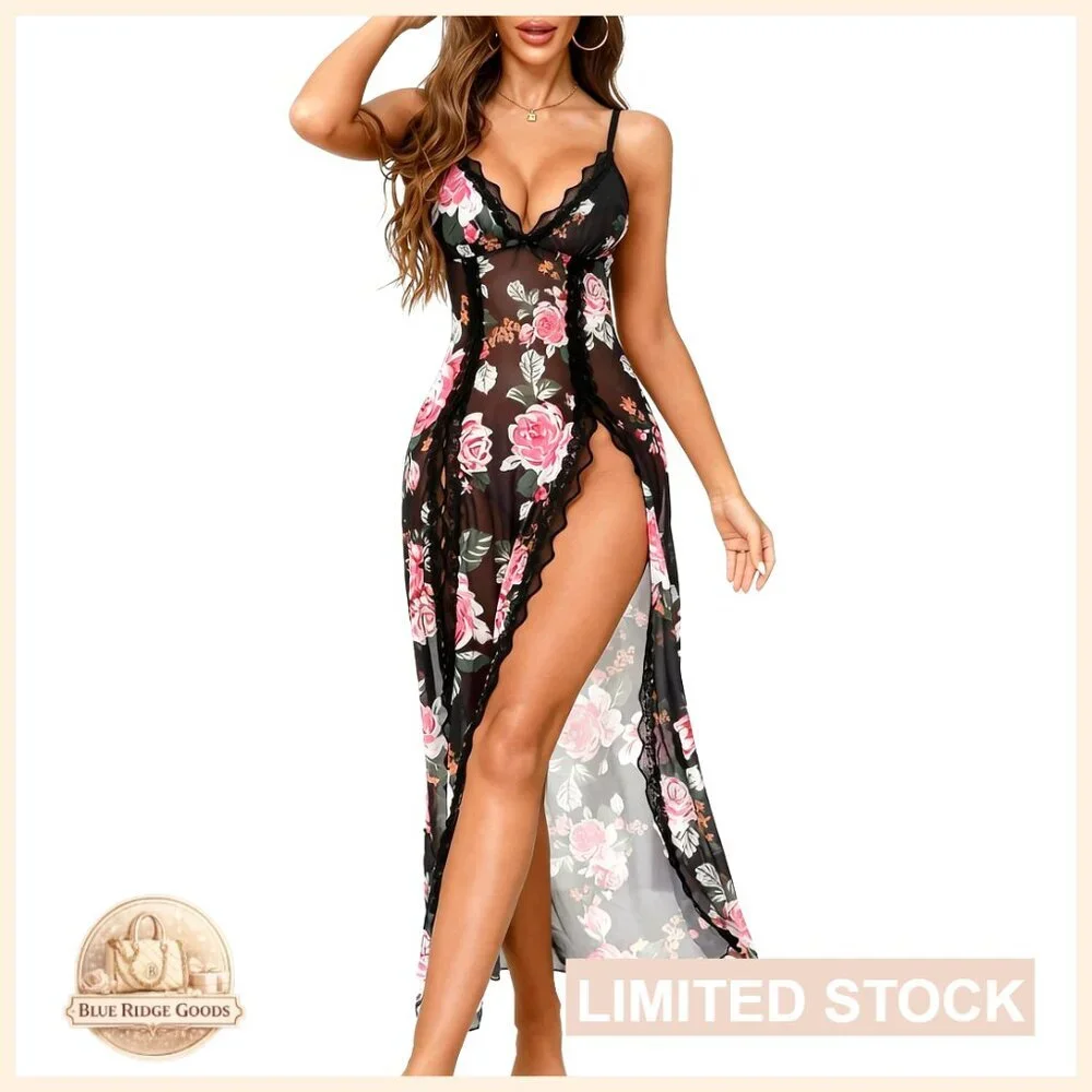 Satin Lace Babydoll Chemise Sexy Mesh Nightgown Elegant Adjustable Straps